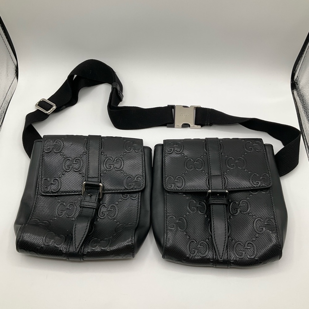 Gucci Embossed GG Logo Black Leather Double Belt Bag Fanny Pack